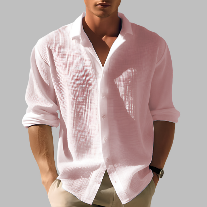 Camisa ligera de algodón y lino de color sólido para hombres