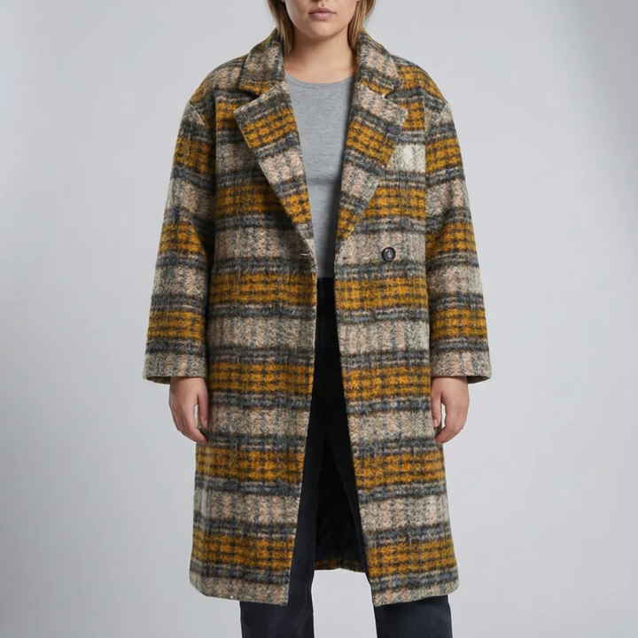 Abrigo Largo a Cuadros Color Block para Mujeres
