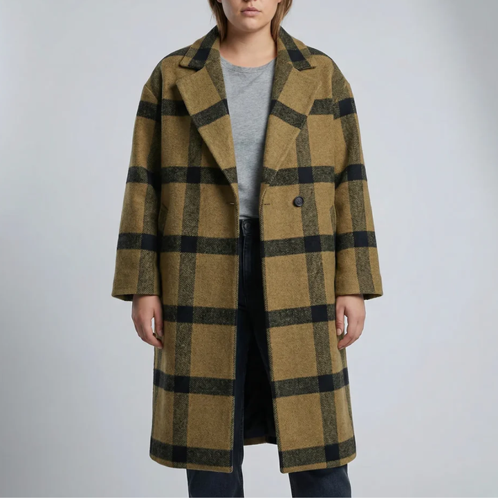 Abrigo Largo a Cuadros Color Block para Mujeres