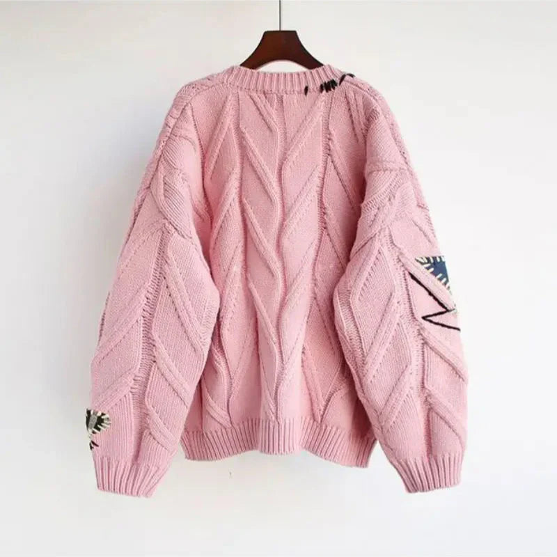 Cárdigan de punto con cuello en V para mujer y bordado de patchwork