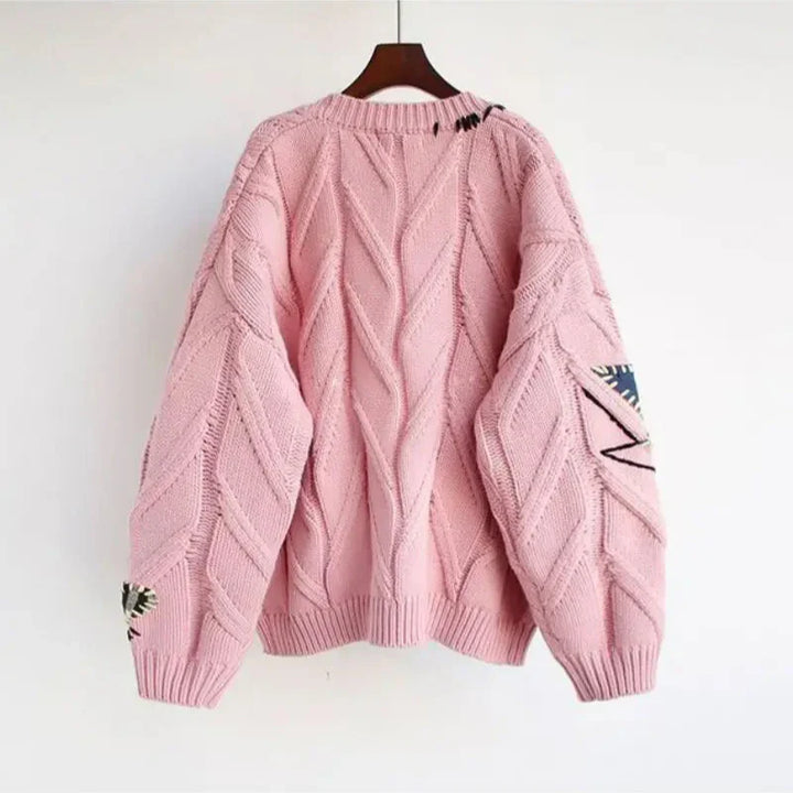 Cárdigan de punto con cuello en V para mujer y bordado de patchwork