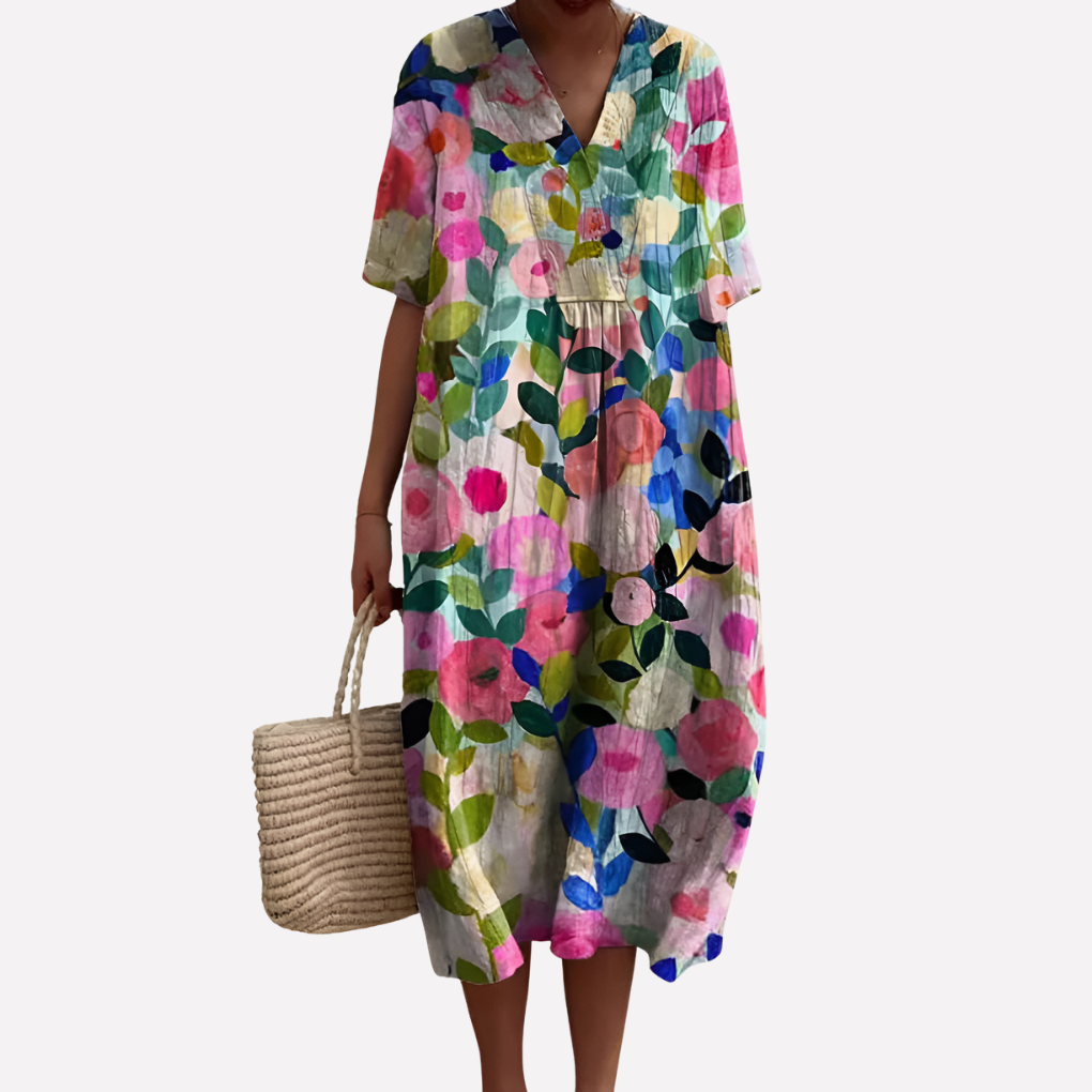 Vestido Floral de Verano para Mujeres – Cuello en V y Mangas Cortas