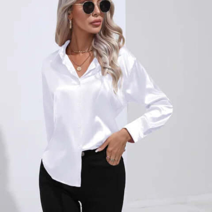 Blusa de Satín Suelta de Manga Larga para Mujer