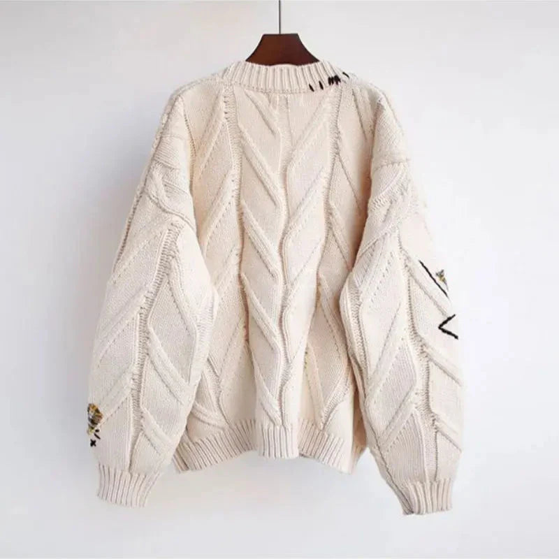 Cárdigan de punto con cuello en V para mujer y bordado de patchwork