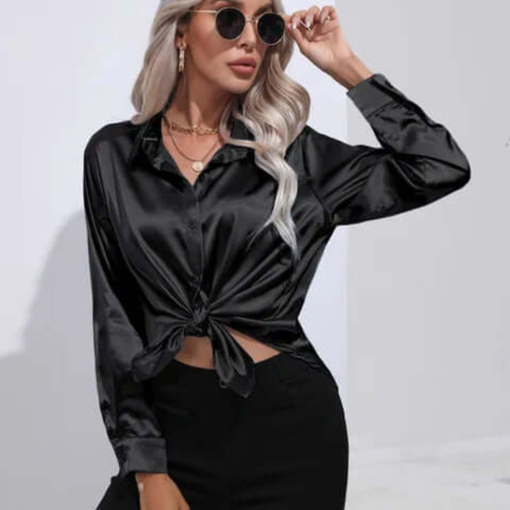 Blusa de Satín Suelta de Manga Larga para Mujer