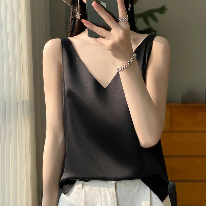 Top de tejido satinado para mujer, vista lateral