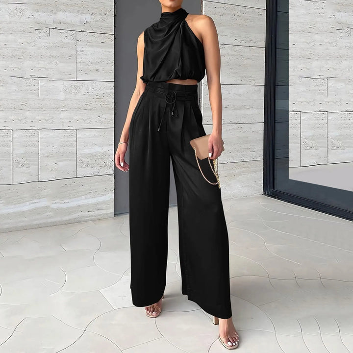 Conjunto de verano de dos piezas con top corto y pantalones de pierna ancha