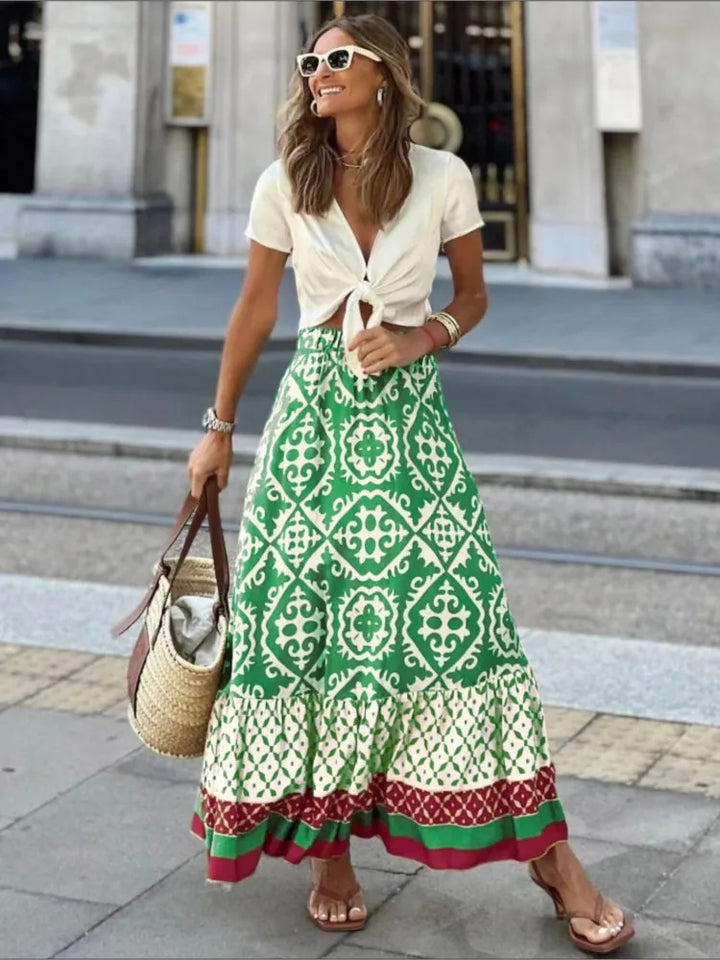 Elegante falda larga con estampado floral y cintura elástica