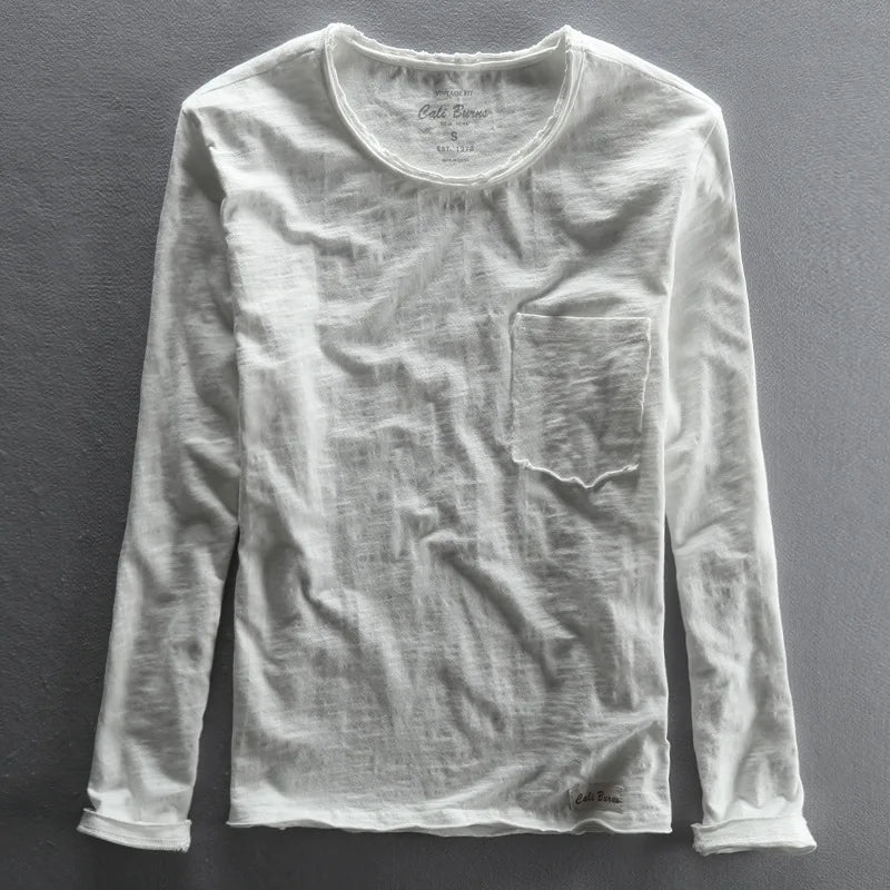 Camiseta vintage de algodón de manga larga con cuello redondo