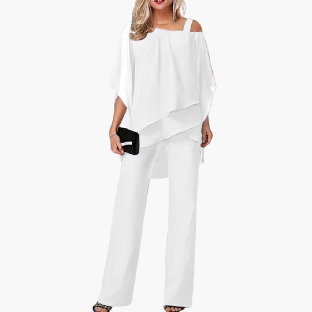 Mono de mujer con hombros descubiertos y pantalones anchos