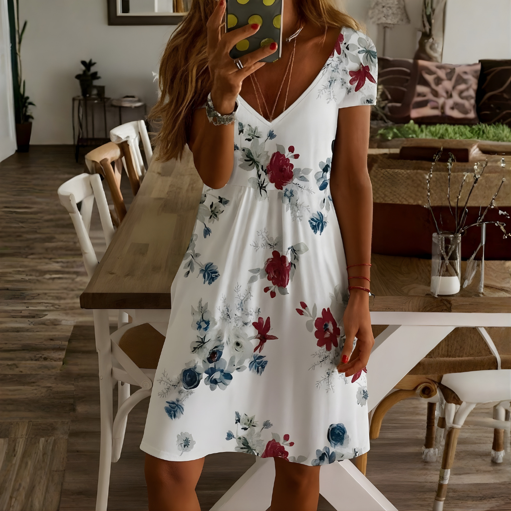 Vestido Corto de Manga Corta con Cuello en V para Mujeres
