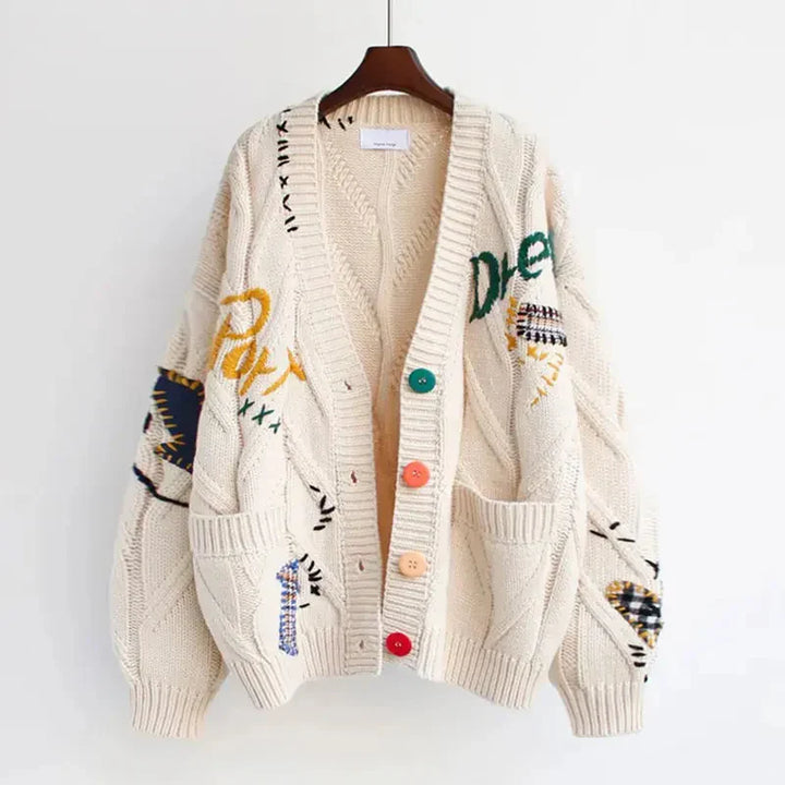 Cárdigan de punto con cuello en V para mujer y bordado de patchwork