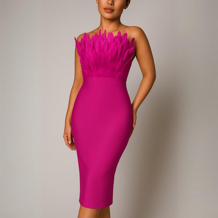 Vestido midi sin tirantes para mujer con ribete de plumas