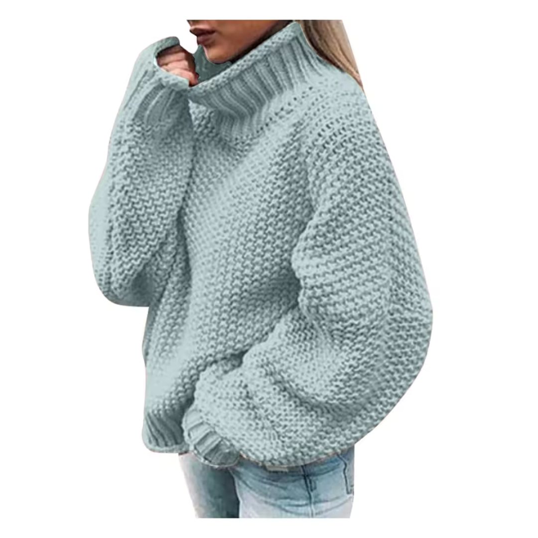 Jersey de punto de cuello alto para mujer, detalle del acabado