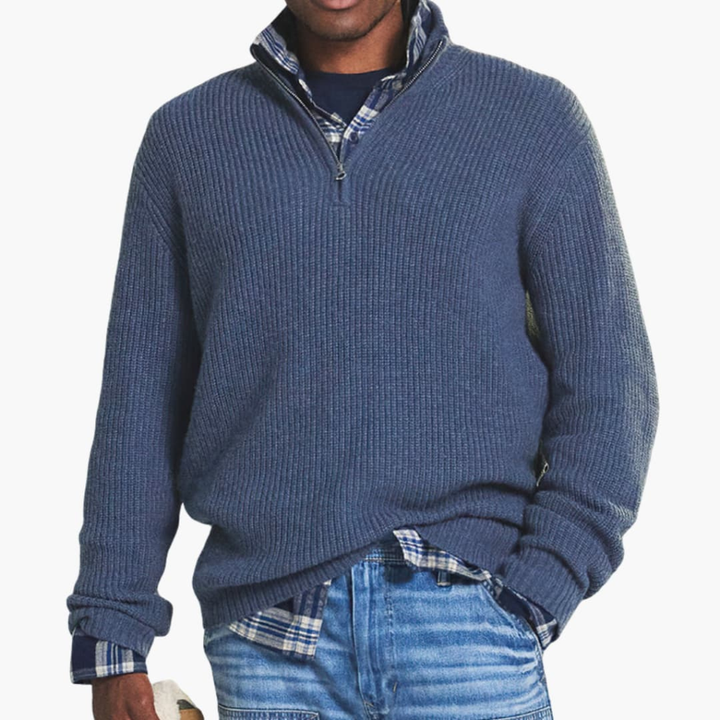 Suéter de punto acanalado para hombre con cuello con media cremallera