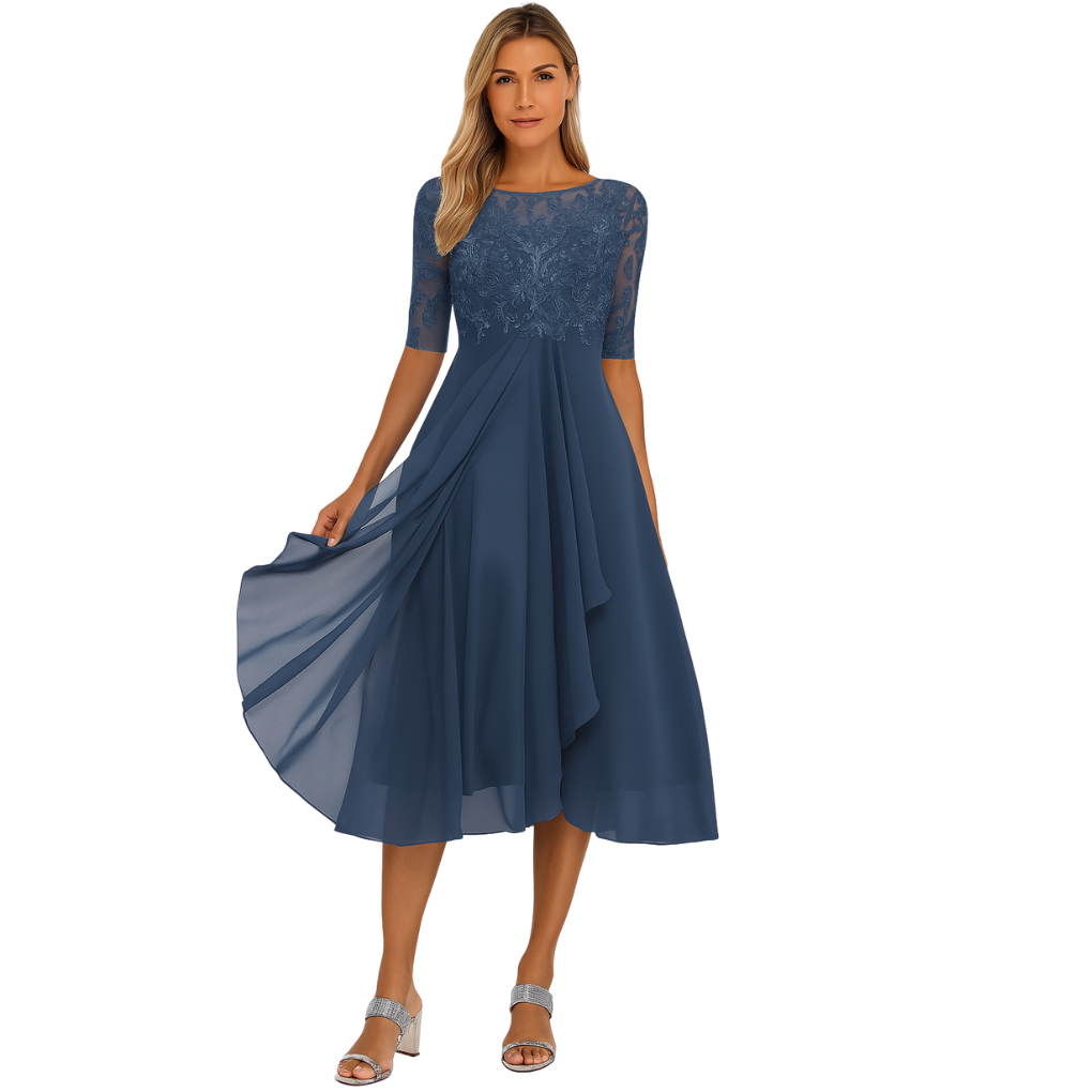 Vestido Midi de Encaje y Chiffon para Mujeres