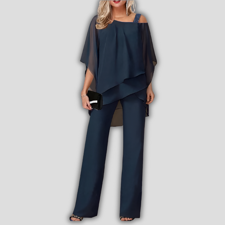 Conjunto Elegante de Dos Piezas de Chifón con Capa para Mujeres