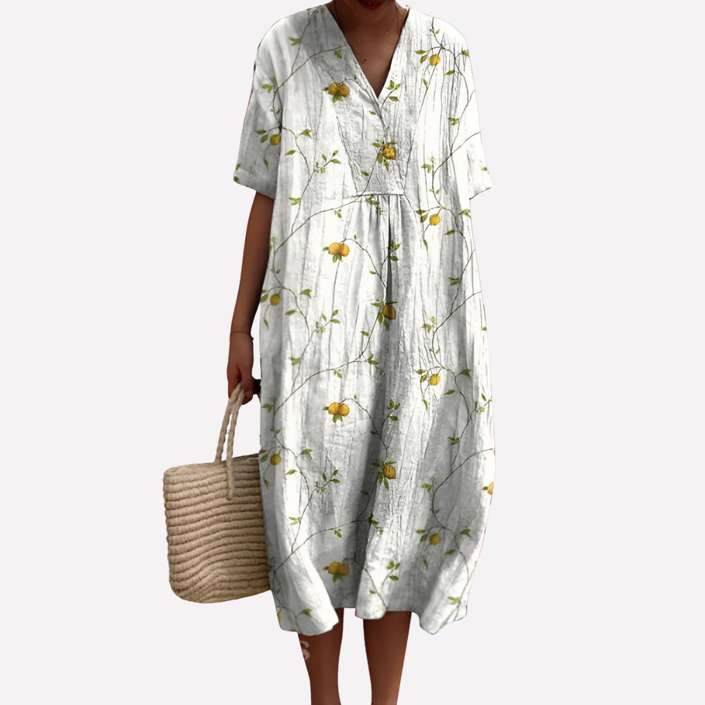 Vestido Floral de Verano para Mujeres – Cuello en V y Mangas Cortas