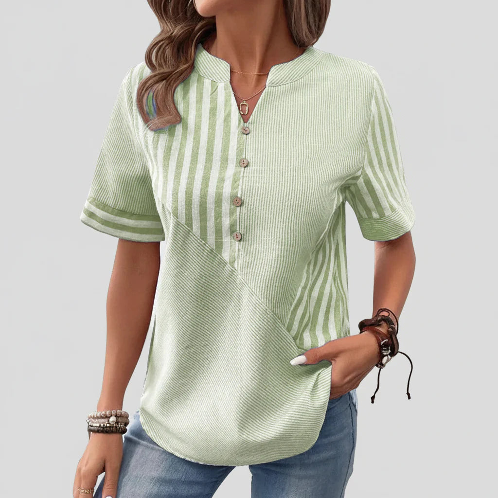 Blusa Ligera a Rayas para Mujeres con Cuello Mandarín