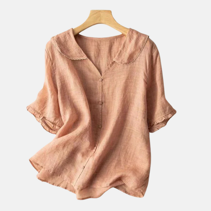 Camisa Retro de Algodón y Lino para Mujeres con Cuello de Muñeca