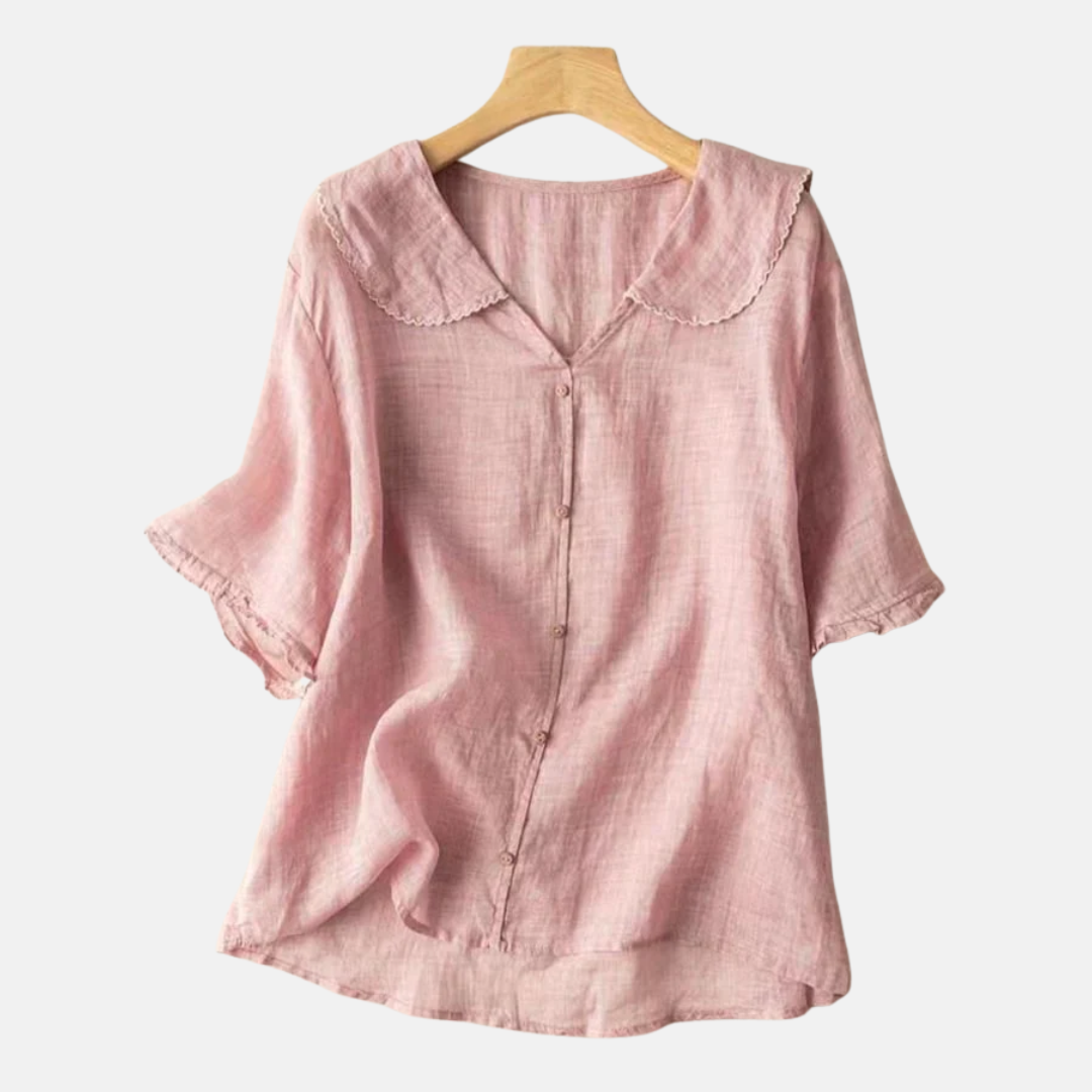 Camisa Retro de Algodón y Lino para Mujeres con Cuello de Muñeca