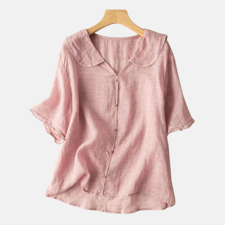 Camisa Retro de Algodón y Lino para Mujeres con Cuello de Muñeca