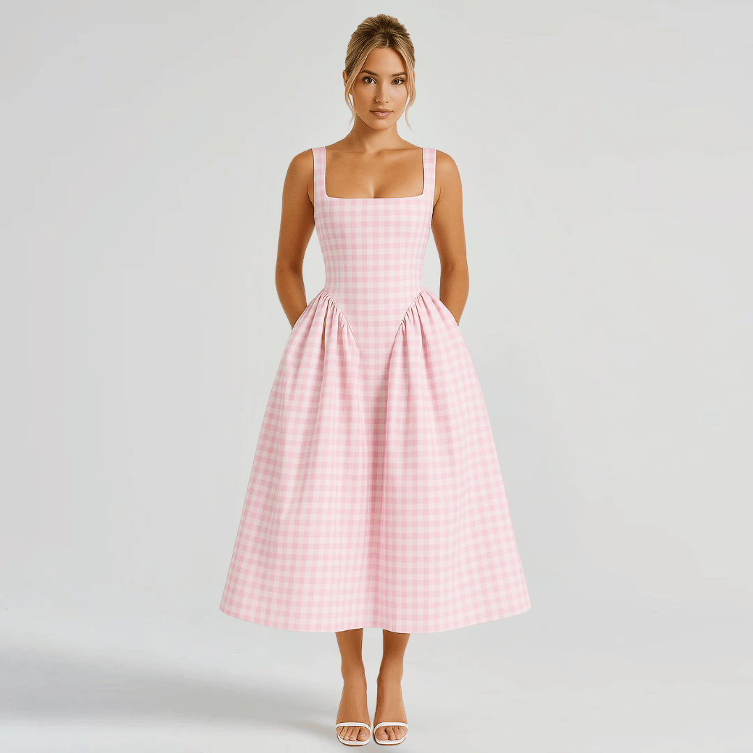 Vestido midi de cuello cuadrado con estampado a cuadros