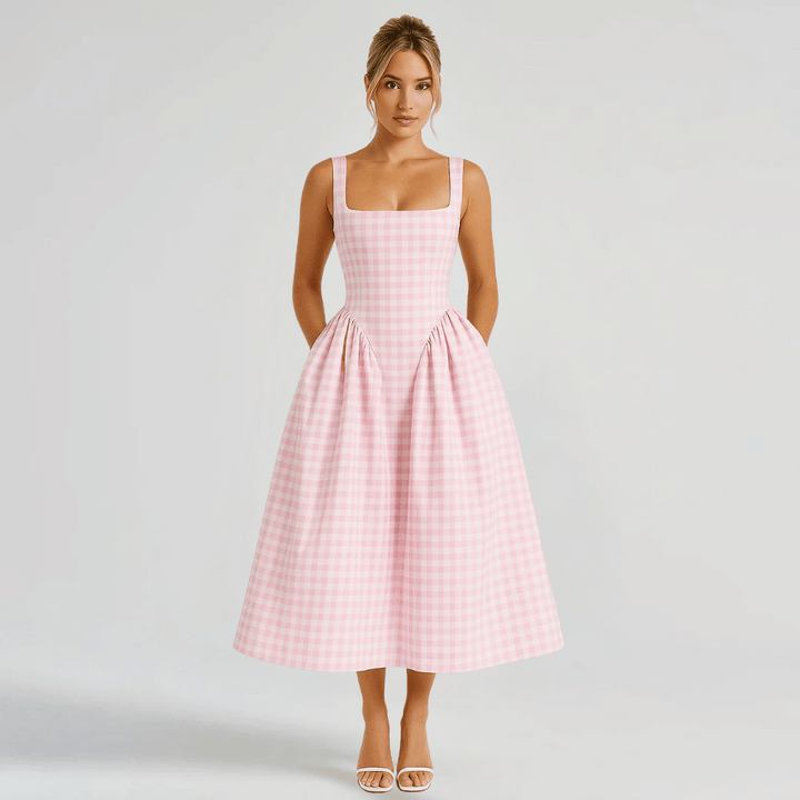 Vestido midi de cuello cuadrado con estampado a cuadros