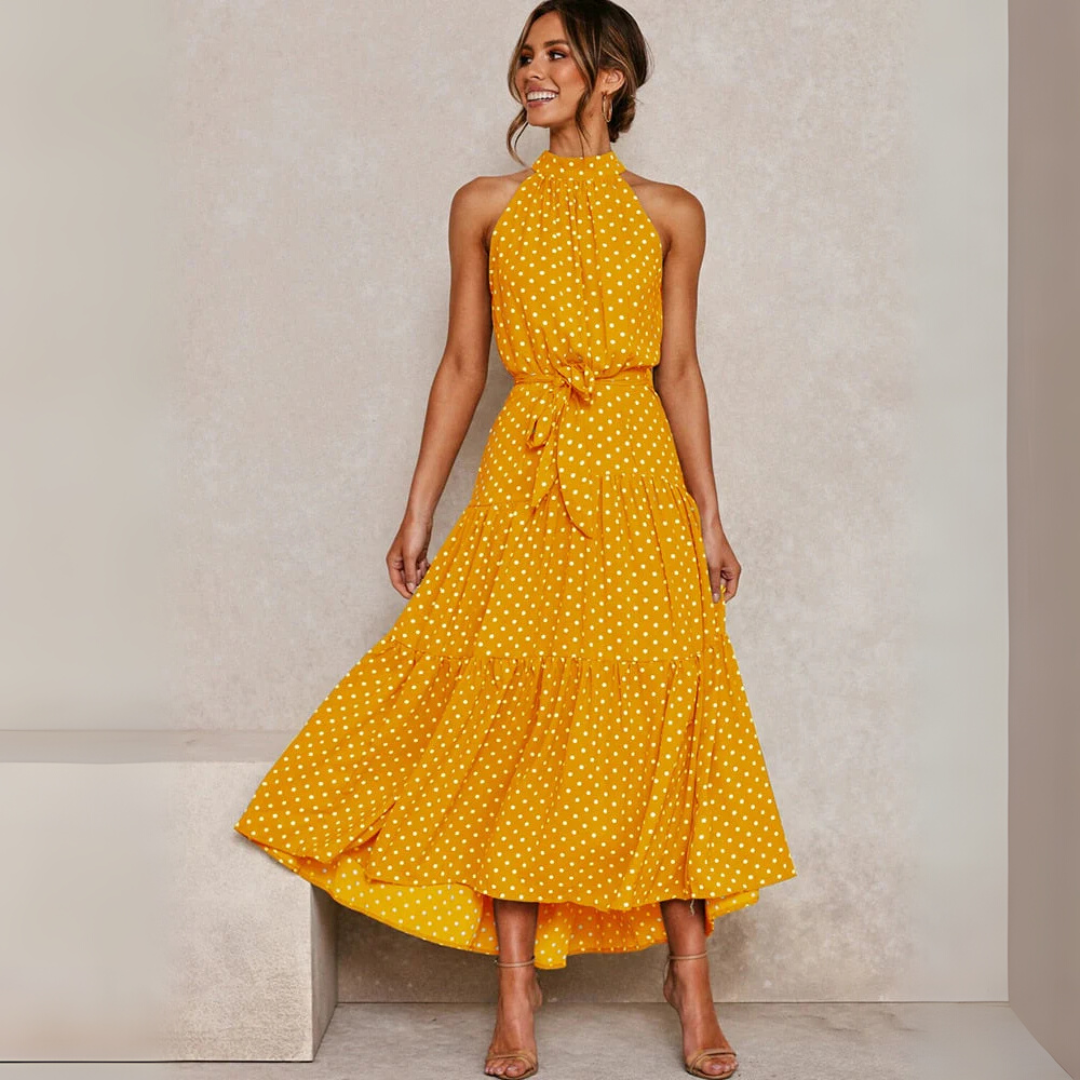 Vestido midi ajustado y acampanado con lunares