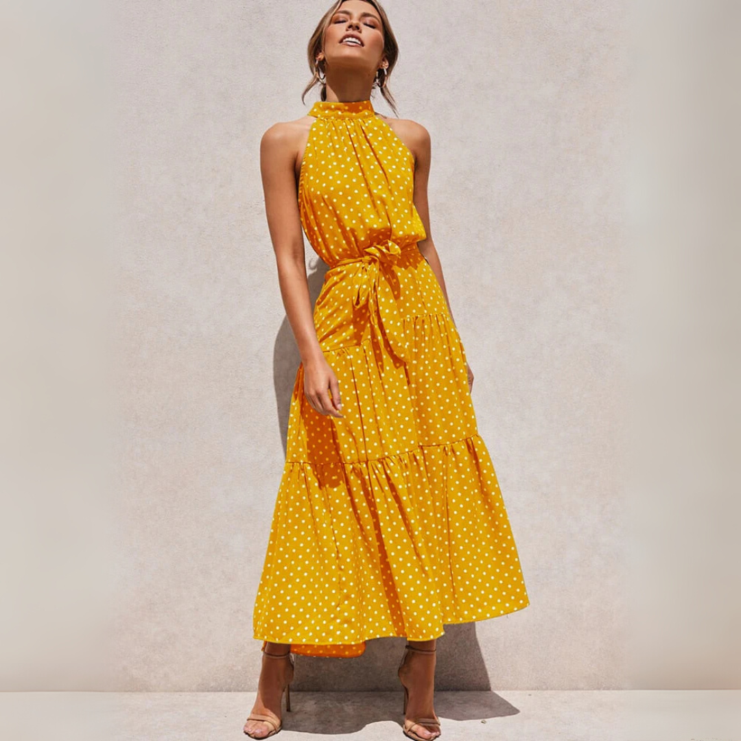 Vestido midi ajustado y acampanado con lunares, vista lateral