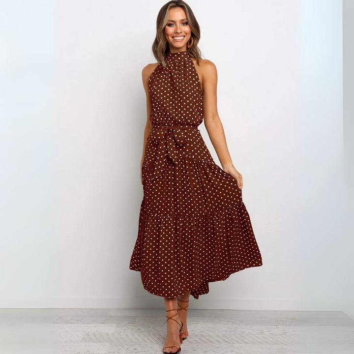 Vestido midi ajustado y acampanado con lunares, vista de conjunto