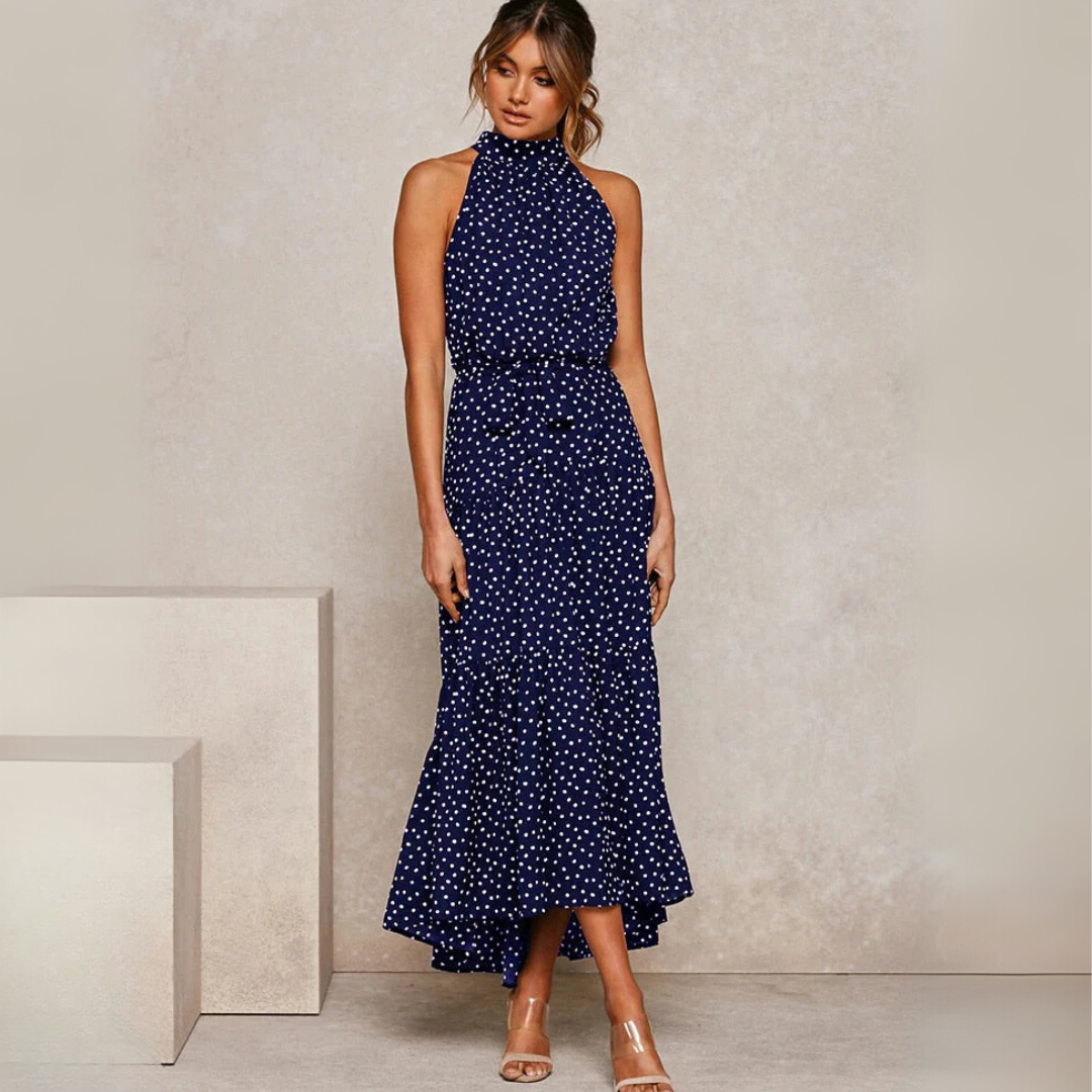 Vestido midi ajustado y acampanado con lunares, vista completa