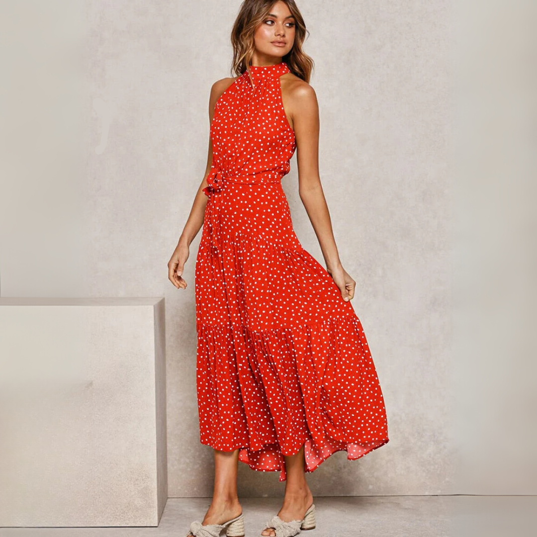 Vestido midi ajustado y acampanado con lunares, vista en detalle