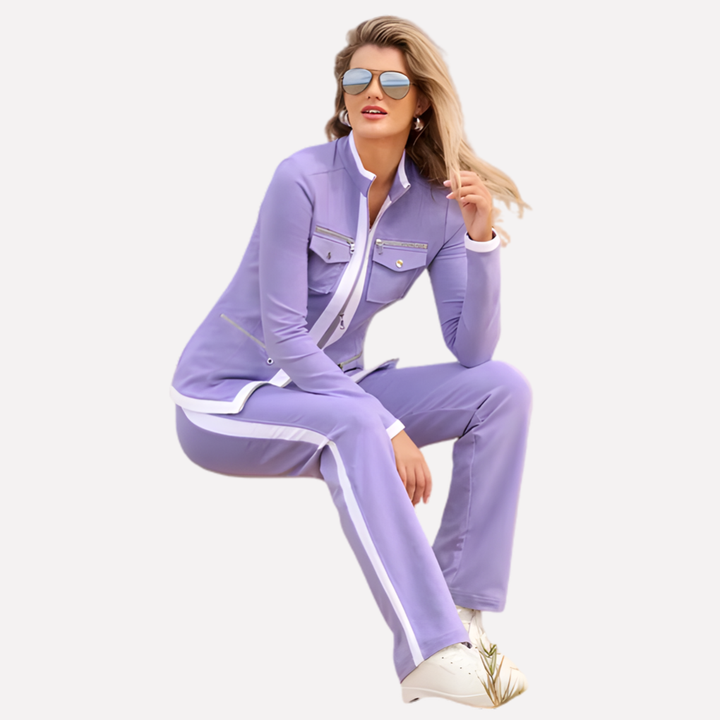Conjunto de Chaqueta con Cremallera y Pantalones para Mujeres – Estilo con Trim de Contraste