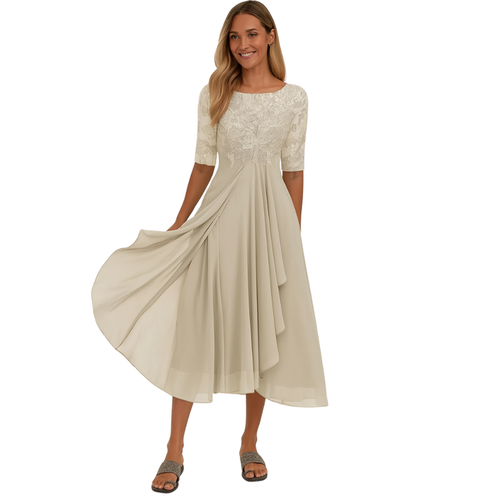 Vestido Midi de Encaje y Chiffon para Mujeres