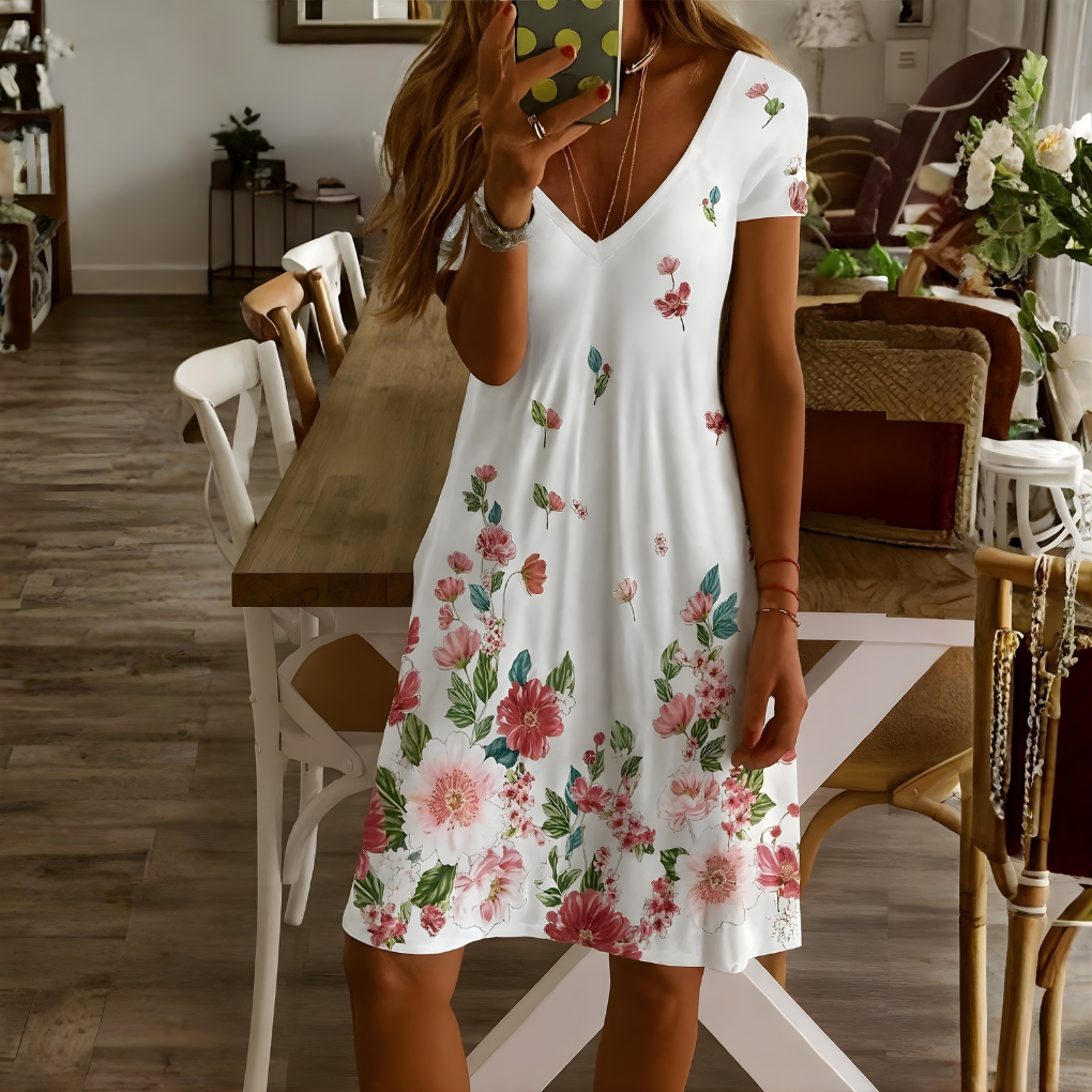 Vestido Corto de Manga Corta con Cuello en V para Mujeres