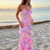 Vestido largo boho colorido con volantes y escote en V