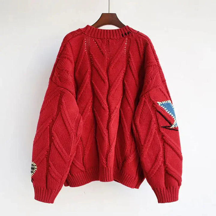 Cárdigan de punto con cuello en V para mujer y bordado de patchwork