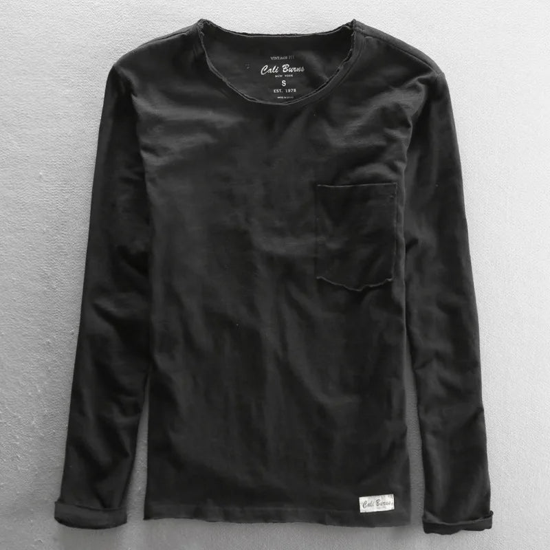 Camiseta vintage de algodón de manga larga con cuello redondo