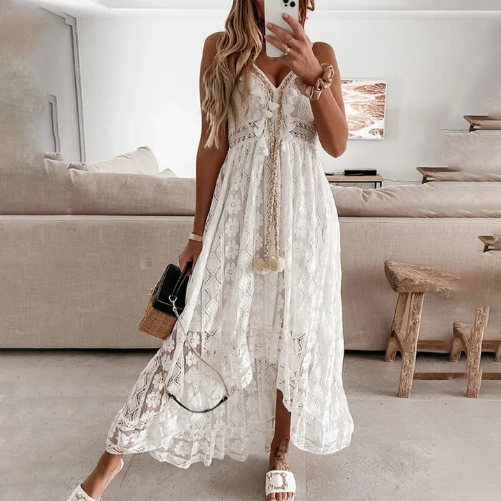 BreezeCharm – Vestido boho de encaje con lazo y borlas