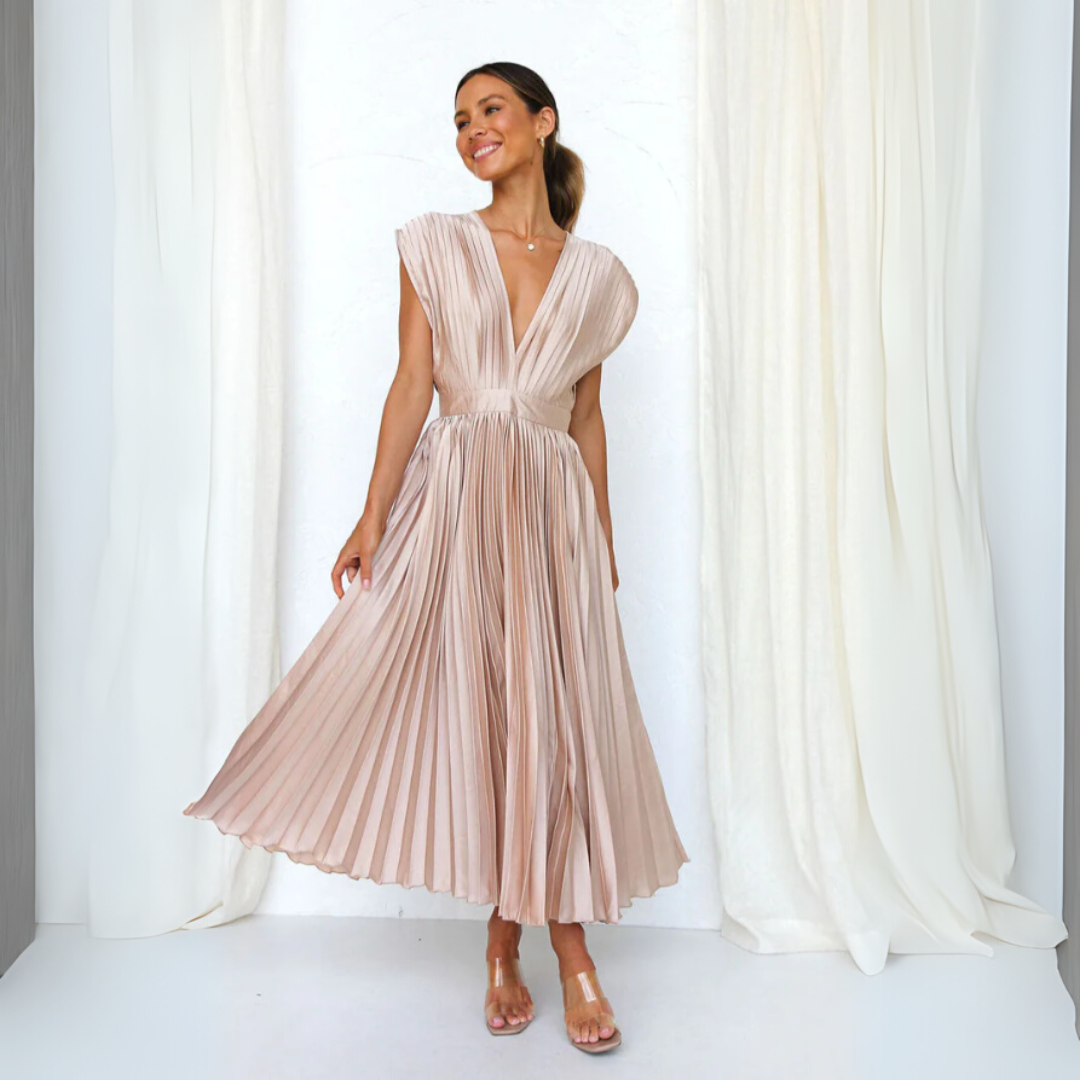 Vestido largo con pliegues y cuello en V, vista de conjunto