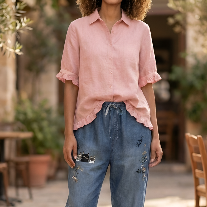 Blusa de Algodón con Botones y Bajo Volante