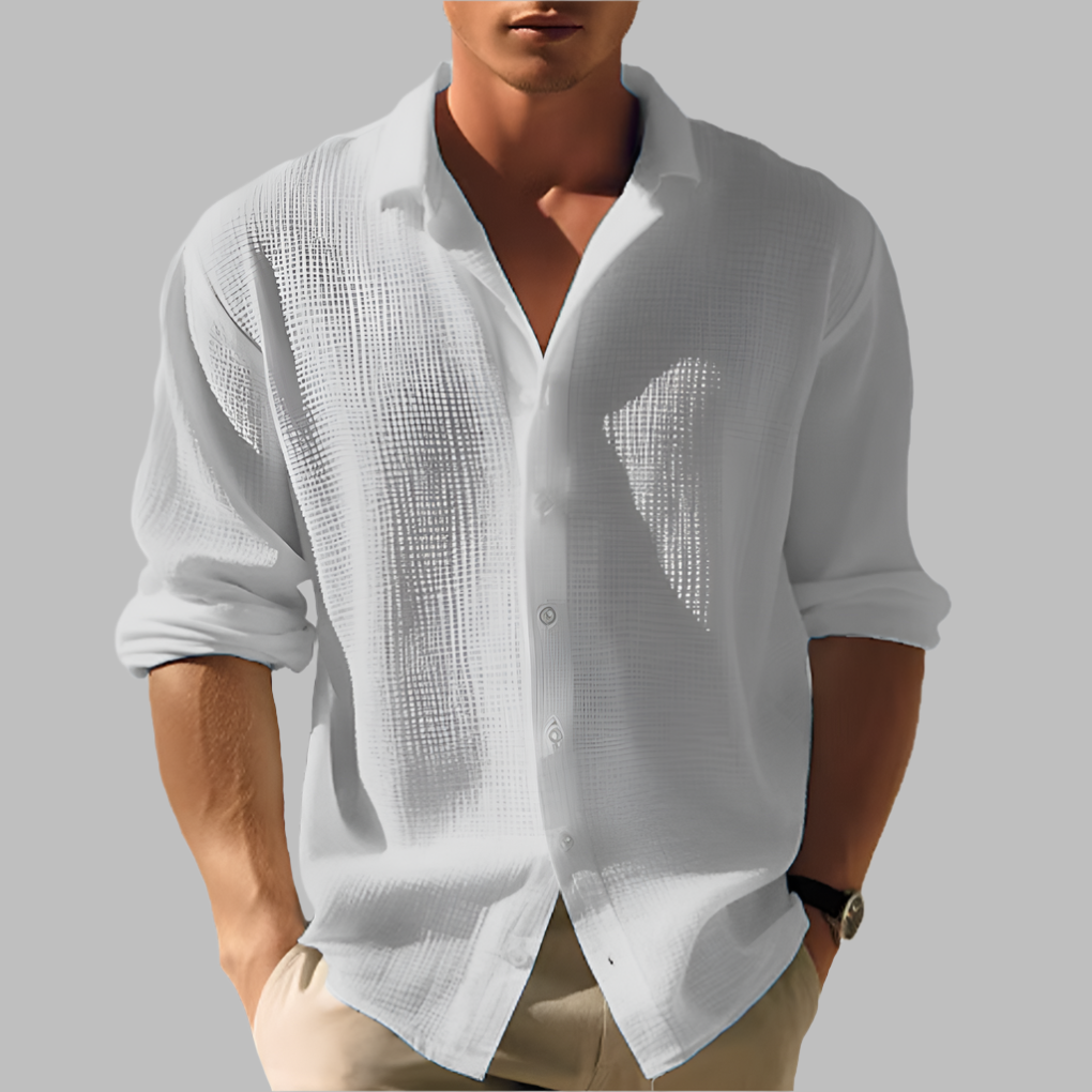 Camisa ligera de algodón y lino de color sólido para hombres