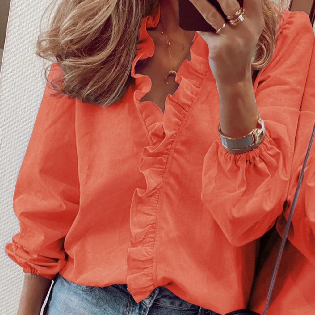 Blusa Teal con Volantes y Mangas Abullonadas