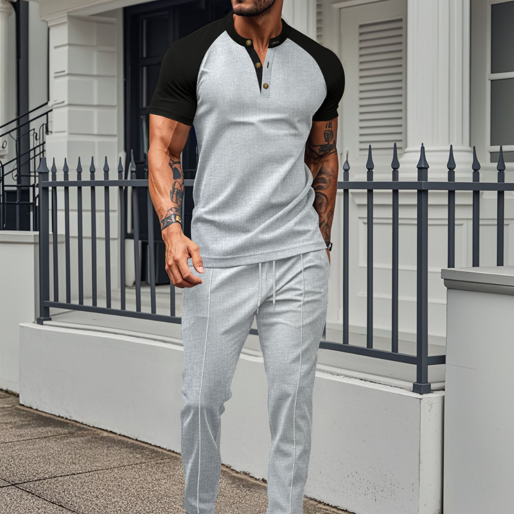 Conjunto de Lounge de Camisa de Botón para Hombres y Pantalones Largos de Gofre