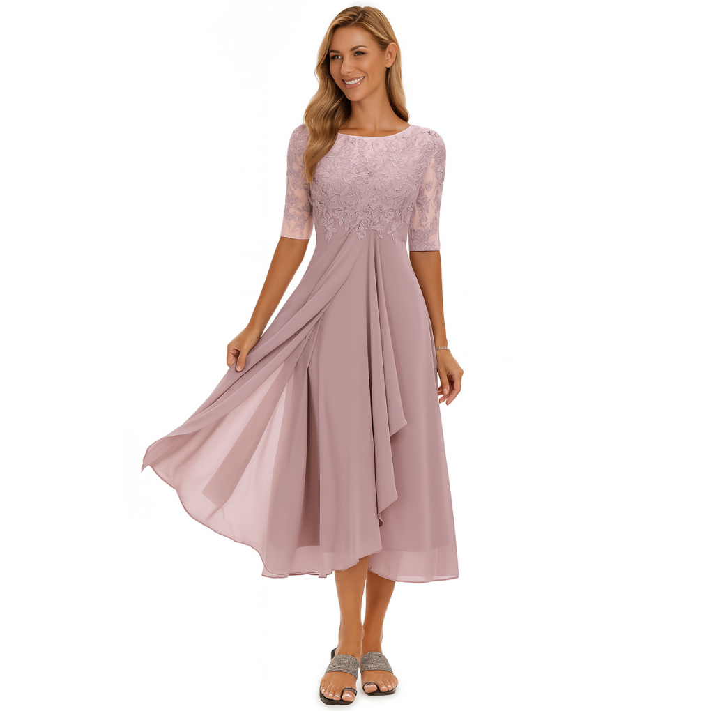 Vestido Midi de Encaje y Chiffon para Mujeres