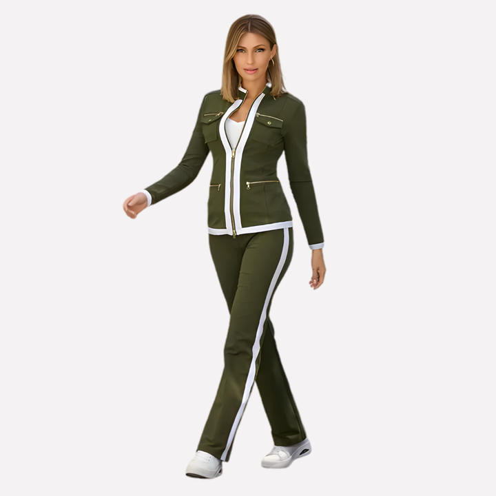 Conjunto de Chaqueta con Cremallera y Pantalones para Mujeres – Estilo con Trim de Contraste