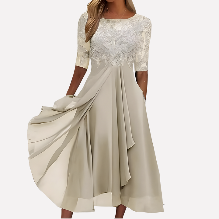 Vestido de Noche de Chifón con Encaje Floral para Mujeres