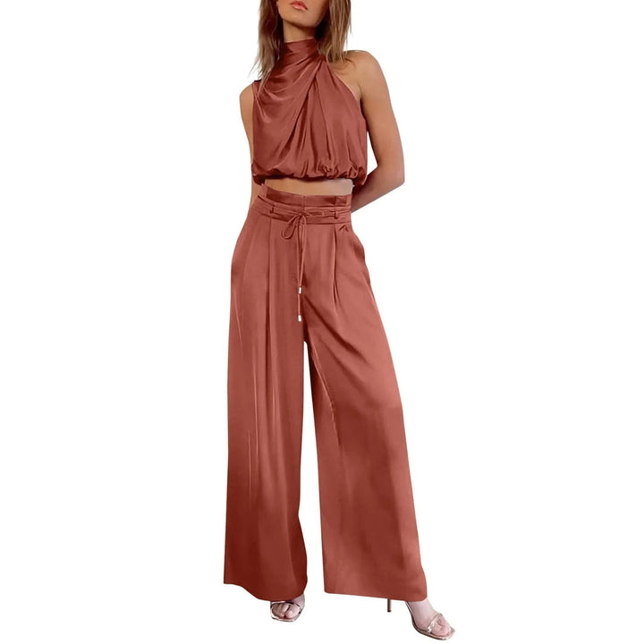 Conjunto de verano de dos piezas con top corto y pantalones de pierna ancha