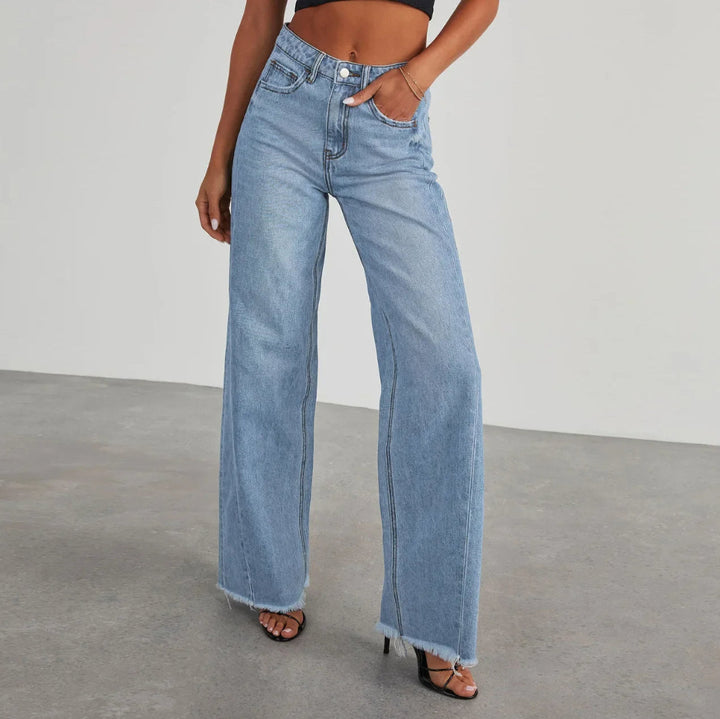 Jeans de Pantalón Ancho para Mujeres con Bolsillo Desgastado